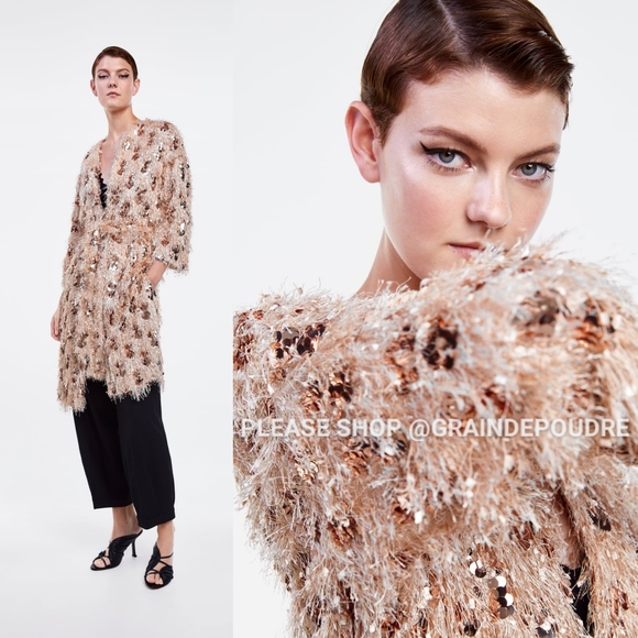 Rare! Zara Fringe Peach Pink Sequin Robe Kimono Long Jacket Coat XS